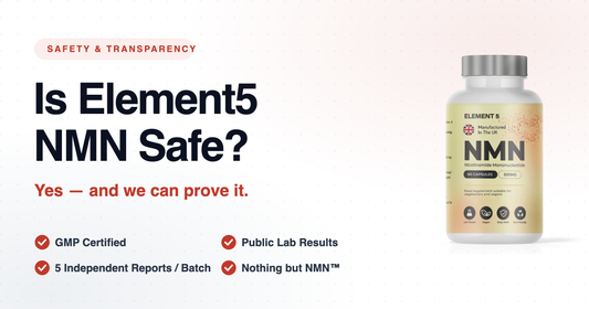 Element5 NMN supplement bottle beside the question "Is Element5 NMN Safe?" with GMP certified, 5 independent batch reports, public lab results, and nothing but NMN trust badges