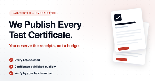 Two NMN lab test certificates with a verified checkmark beside the heading "We Publish Every Test Certificate" and badges: every batch tested, certificates published publicly, verify by your batch number